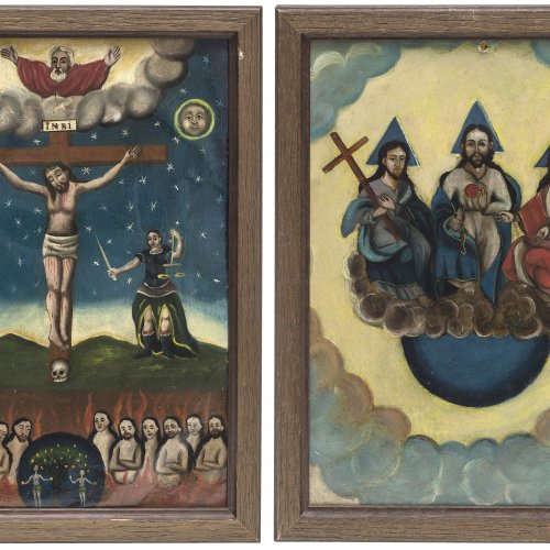 Zwei Votivbilder. Südamerika, 19./20. Jh. Hl. Dreifaltigkeit und Christus am Kreuz. Öl/Metall. Je ca. 34 x 24 cm.