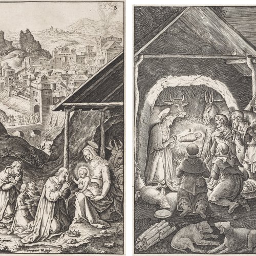 Zwei Kupferstiche. M. de Vos / W. Hiernoymus. Anbetung der Hirten bzw. Anbetung der Könige. Kupferstiche. Je 16,5 x 14 cm.