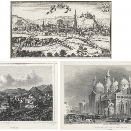Kupferstich und zwei Stahlstiche. Landshut, Bad Aibling und der Dom von Padua. Verschiedene Maße. Leicht fleckig.