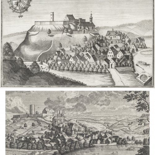 Zwei Kupferstiche. Wildbad Abbach/Niederbayern. Georg Christoph Kilian bzw. Michael Wening. 25 x 36 cm bzw. 20 x 34,5 cm. Leicht besch.