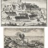 Zwei Grafiken. 1) Ansicht von Landshut. Matthäus Merian d. Ä., Radierung. 20,5 x 33 cm. Leicht besch., rest. 2) Ansicht von Niedernviehbach. Michael Wening. Kupferstich. 25,5 x 37,5 cm. Leicht fleckig.
