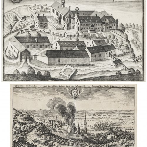 Zwei Grafiken. 1) Ansicht von Landshut. Matthäus Merian d. Ä., Radierung. 20,5 x 33 cm. Leicht besch., rest. 2) Ansicht von Niedernviehbach. Michael Wening. Kupferstich. 25,5 x 37,5 cm. Leicht fleckig.
