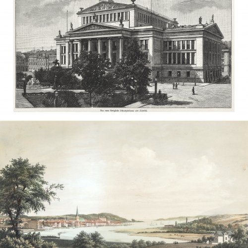 Stich bzw. Lithographie. Ansicht vom Schauspielhaus in Berlin bzw. Stadtansicht von Kiel. 14,5 x 22,5 cm bzw. 9,5 x 28,5 cm.
