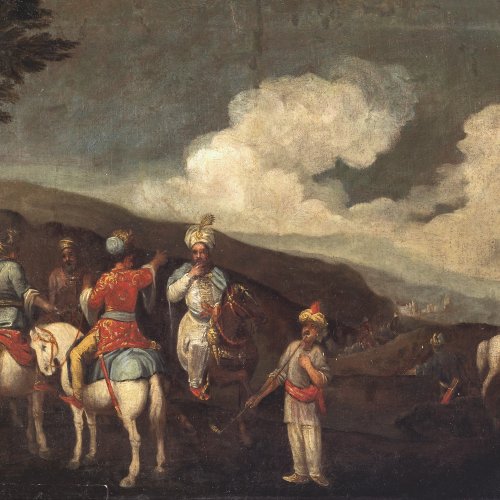 Österreich, 18. Jh. Osmanische Schlachtenszene. Öl/Lw. 65,5 x 99 cm. Doubl., rest. Unsign.