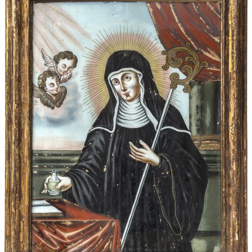 Hinterglasbild. Bayern, 19. Jh. Hl. Walburga.  69 x 54 cm. Kl. Sprung