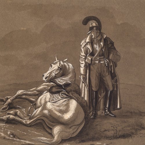 Schneider, F. Süddeutsch, 19. Jh. Chevauleger neben seinem Pferd. Sepiazeichnung. 20 x 23 cm. Sign.