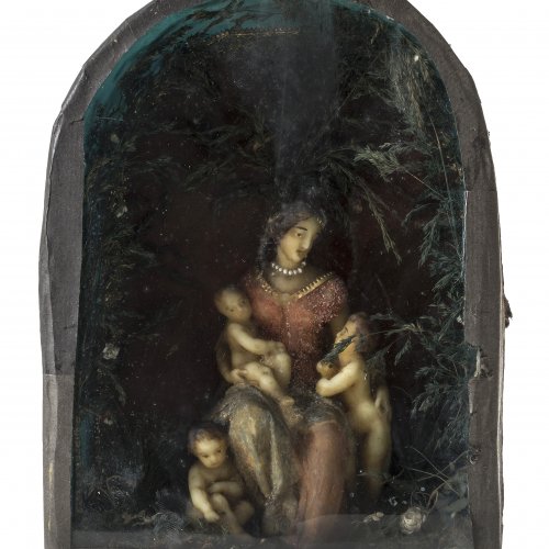 Süddeutsch, 19. Jh. Eingericht. Mutter Anna mit Kindern. Wachsarbeit. Gebrauchsspuren. H. 20,5 cm.