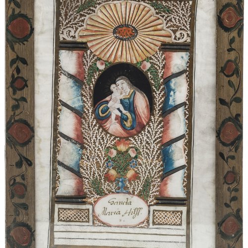 Andachtsbild. Süddeutsch, 18./19. Jh. Aquarellmedaillon mit Maria Hilf.  Papierspitzenarbeit aus minuziös geschnittenen Ranken.  Maße ohne Rahmen 27 x 15 cm.