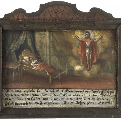 Gnadenbild von Erding Hl. Blut (Wundenheiland) und Kranke im Bett. Bayern, dat. 1824. 21 x 24 cm. Besch.
