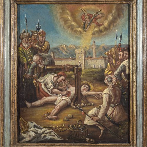 Süddeutsch, 19. Jh. Martyrium des hl. Erasmus. Öl/Lw. 64 x 52 cm. Rest., unsign. Rücks. bez.: 