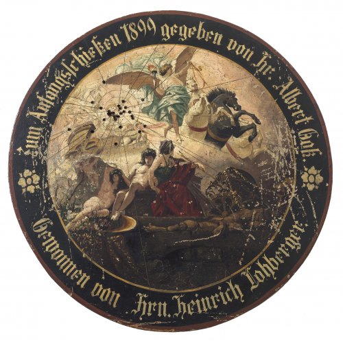 Schießscheibe. Deutsch, dat. 1899. Öl/Holz. Sonnenwagen. Besch. ø44 cm.