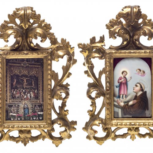 Zwei kleine Rahmen. Holz geschnitzt, vergoldet. Süddeutsch, 19. Jh. Je ca. 11 x 7 cm.