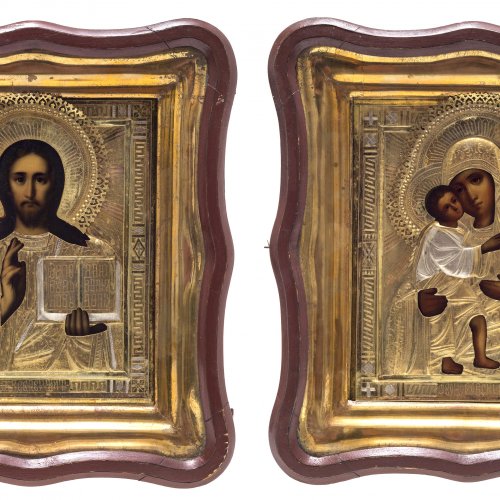 Zwei Kastenikonen. Christus Pantokrator und Muttergotttes. Metalloklad. Je ca. 31 x 26,5 cm.