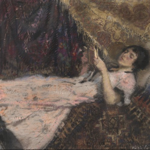 Deutsch, 19. Jh. Lesendes junges Mädchen. Pastell. 45,5 x 53 cm. Unles. sign., dat. 14.