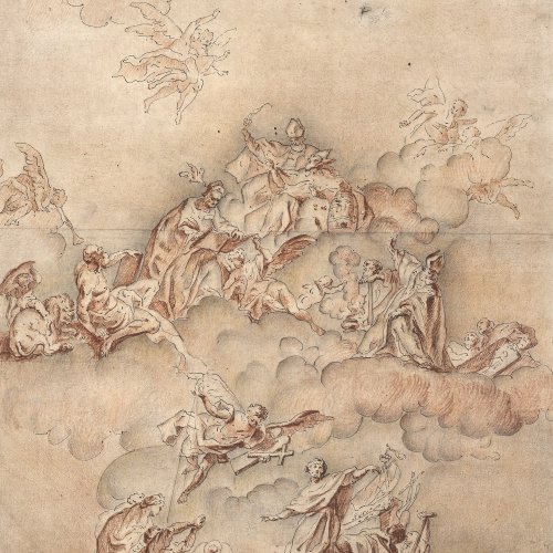 Süddeutsch, oder Italien. Entwurf für ein Deckenfresko. Rötel/Tusche. 37 x 30 cm. Unles. monogr.