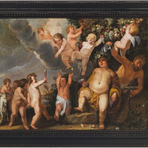 Willaerts, Abraham, Umkreis. Bacchanal.  Fröhliche, Wein trunkene Bacchanten und Satyr unter Blumengirlanden. Öl/Lw. 63 x 84 cm. Rest., doubl. Bez., dat. 1647.