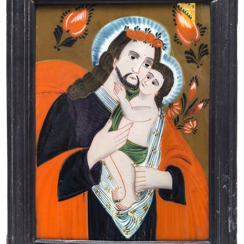 Hinterglasbild. Buchers, 19. Jh. Hl. Josef mit dem Jesuskind. Tempera/Glas. 48 x 37,5 cm.