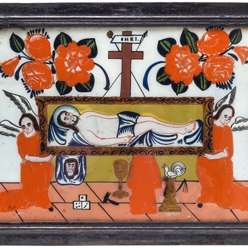 Hinterglasbild. Sandl, 19. Jh. Hl. Grab. Tempera/Glas. 35,5 x 45,5 cm.