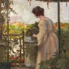 Deutsch, 20. Jh. Junges Mädchen auf einer Terrasse, im Hintergrund Meran (?). Öl/Karton. 35 x 29 cm. Unsign.