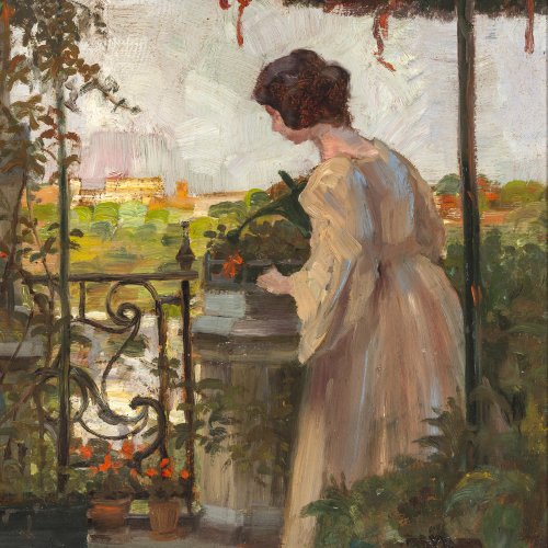 Deutsch, 20. Jh. Junges Mädchen auf einer Terrasse, im Hintergrund Meran (?). Öl/Karton. 35 x 29 cm. Unsign.