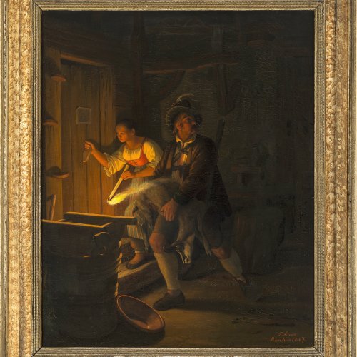 Simon, F. Wildererszene. Öl/Lw. 72,5 x 59 cm. Sign., dat. und bez.: 