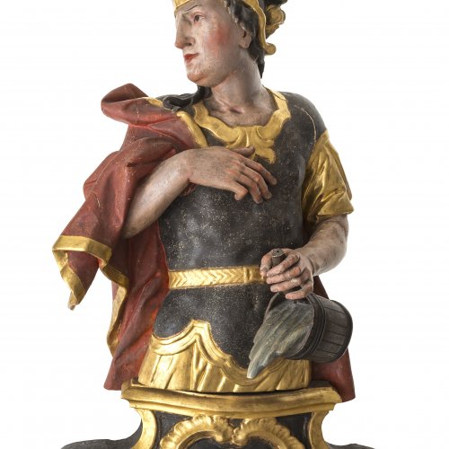 Hl. Florian. Süddeutsch, 18. Jh. Büste. Holz, übergangene Farbfassung. H. 81 cm. Rest.
