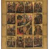 Mehrfelderikone. Russland, 18./19. Jh. Heiligenvita mit dreizehn Bildfeldern. Tempera/Holz. 52,5 x 42,5 cm. Rest., Besch.