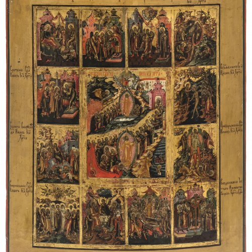 Mehrfelderikone. Russland, 18./19. Jh. Heiligenvita mit dreizehn Bildfeldern. Tempera/Holz. 52,5 x 42,5 cm. Rest., Besch.