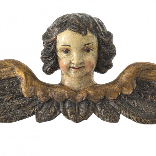 Geflügelter Engelskopf. Holz, Farbassung. Barockstil. H. 19 cm.