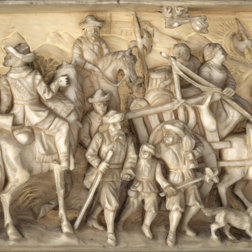 Elfenbeinrelief. Deutsch, Historismus, 19. Jh. Darstellung aus dem Dreißigjährigen Krieg, bez. 1626. 5,5 x 9,8 cm.