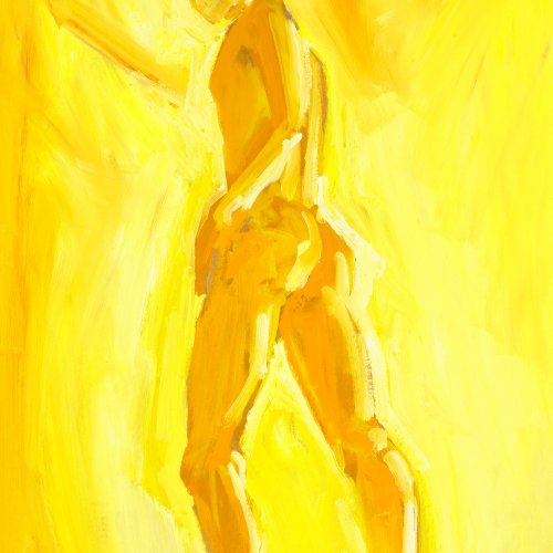 Alder, Bernd. Stehender Männerakt in Gelb. Öl/Hartfaser. 80 x 64 cm. Sign., dat. 1998.