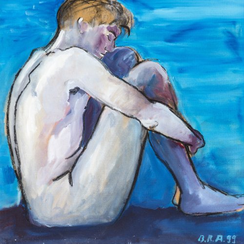 Alder, Bernd. Sitzender Männerakt in Blau. Öl/Platte. 80 x 78,56 cm. Sign., dat. 99.