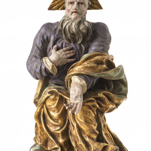 Süddeutsch, 18./19. Jh. Gottvater auf einer Wolkenaureole sitzend. Holz. H. 59 cm. Rest.