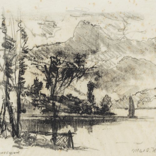 Kutus, Marc, C., Gebirgssee. Kohlezeichnung. 30 x 35 cm. Sign.