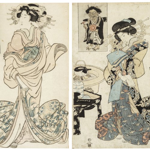 Zwei Farbholzschnitte. Geishas. Je ca. 35,5 x 26 cm. Min. fleckig, gebräunt.