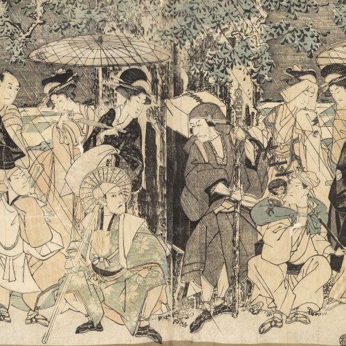 Farbholzschnitt. Japan, Regentag. 35 x 50 cm. Min. fleckig, gebräunt.