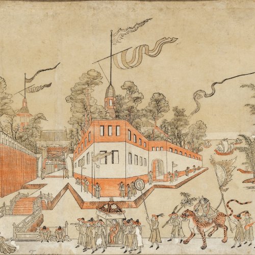 Farbholzschnitt. Japan, 19. Jh. Einzug in den Palast. 24 x 36 cm. Min. fleckig, gebräunt.