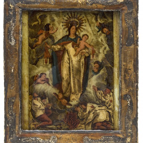 Hinterglasdruck, koloriert. Madonna mit Kind. Nach einem Stich des 18. Jh.