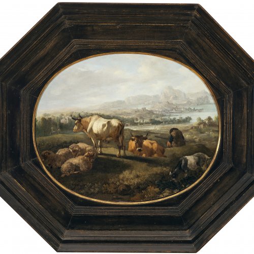 Romeyn, Willem. Kühe, Schafe und Ziege vor weiter Landschaft. Öl/Holz. 26,5 x 32,5 cm, oval. Rest. Unsign. Erwähnt als authentisches Werk des Malers in der Datenbank des Rijksmuseums in Amsterdam.