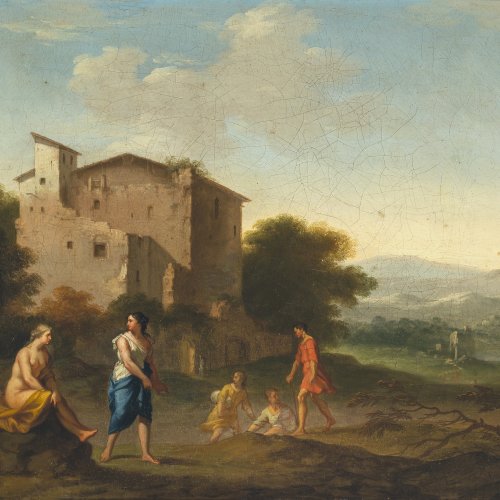 Poelenburgh, Cornelis van, zugeschrieben. Arkadische Landschaft mit Nymphen. Öl/Lw. 31 x 36,5 cm. Rest., doubl. Monogr.