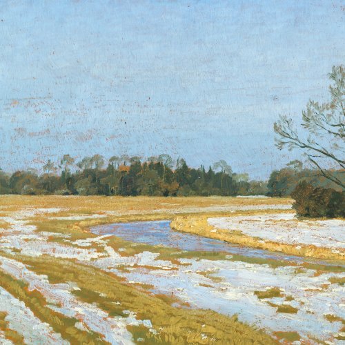 Wersig, Bruno. Letzter Schnee. Öl/Karton. 36 x 48 cm. Monogr., dat. 30. Verso Flusslandschaft.