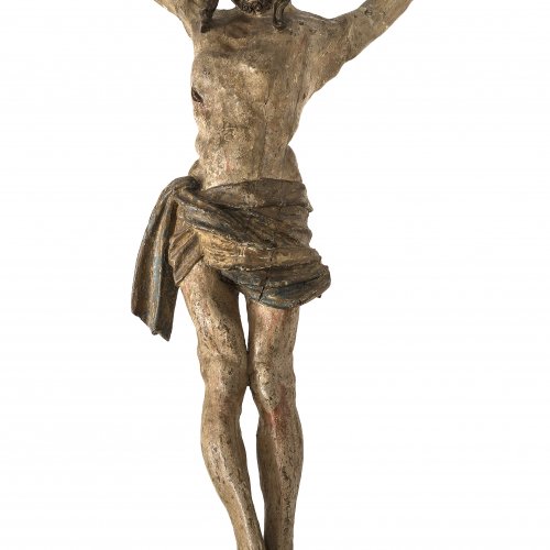 Leinberger, Hans, Werkstatt. Corpus Christi, Dreinageltypus. Holz, übergangene Farbfassung mit alten Fassungsresten. H. 79 cm. Best., rep.