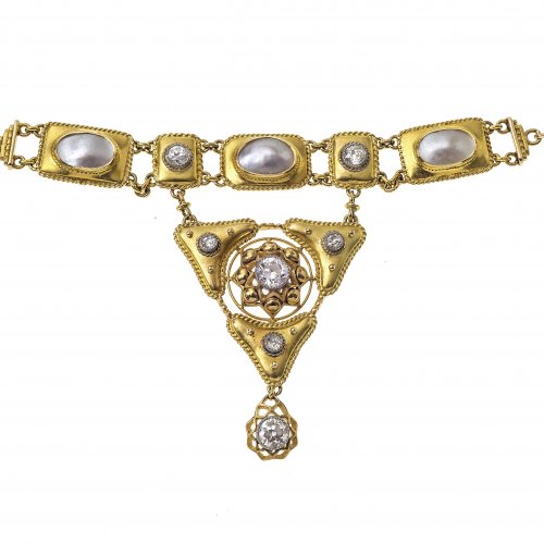 Collier. Perlenbesatz und Altschliffdiamanten. 585 GG.