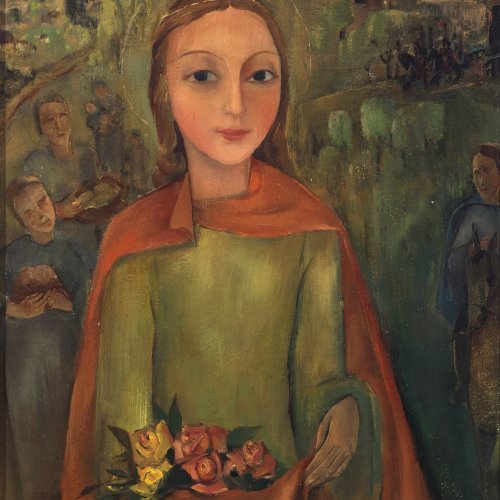Deutsch, 20. Jh. Mädchen mit Blumen. Öl/Hartfaser. 30 x 24 cm.