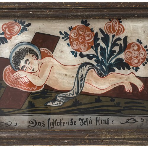 Hinterglasbild. Böhmen, 19. Jh. Schlafendes Jesuskind. Tempera/Glas.
