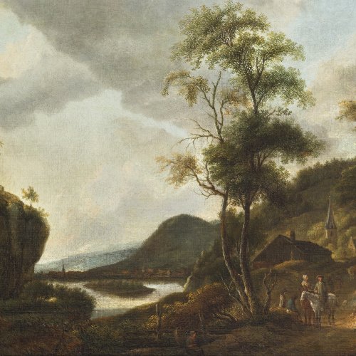 Niederlande, 18. Jh. Weite Waldlandschaft mit Fluss und Personen. Öl/Lw. 34 x 47,5 cm. Doubl., rest. Unsign.