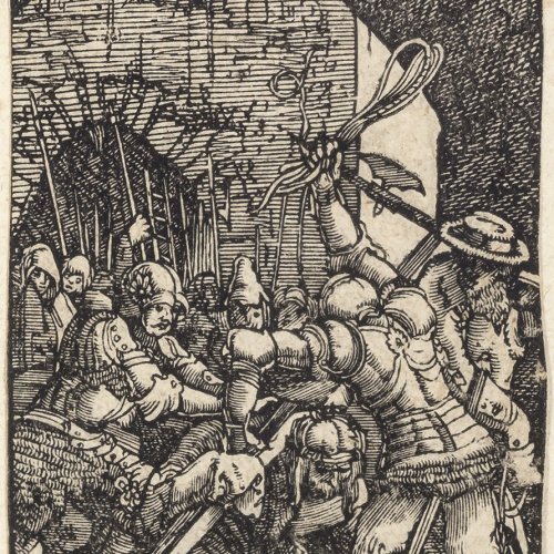 Altdorfer, Albrecht.  Christus fällt unter dem Kreuz. Bibelholzschnitt. 7,2 x 5 cm.