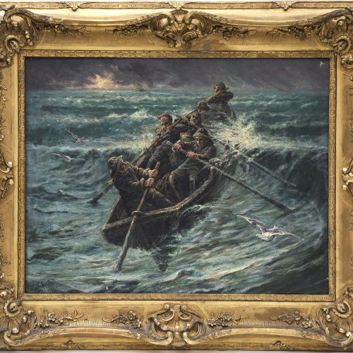 Schuster, H. Boot auf stürmischer See. Öl/Lw. 73 x 92,5 cm.