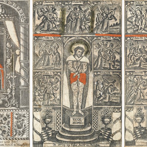 Drei Spickelbilder. Herz  Jesu, Ecce homo und Mater dolorosa. Holzschnitte.