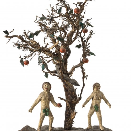 Adam und Eva. Holz, Astwerk, farbig bemalt.